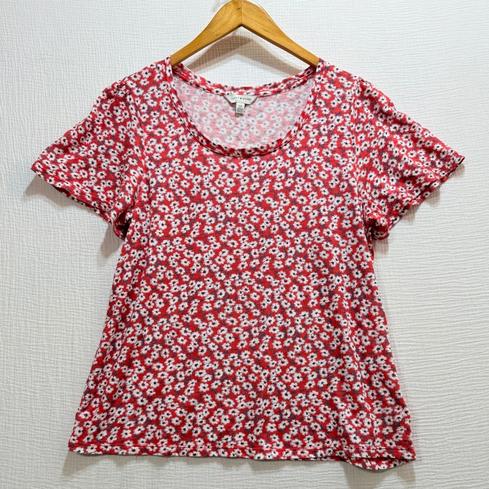 Lucky Brand Floral T-Shirt Womens S Orange White Scoop Neck Short Sleeve Spring